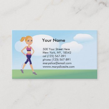 Fitness Girl Cartoon Business Card by ArtbyMonica at Zazzle