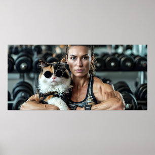 Fitness Girl&Cat in Gym. Woman Workout Motivation  Poster