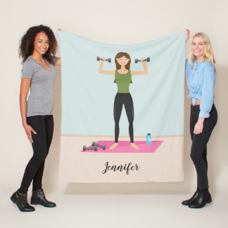 Fitness Girl Illustration Weight Lifting &amp; Name Fleece Blanket