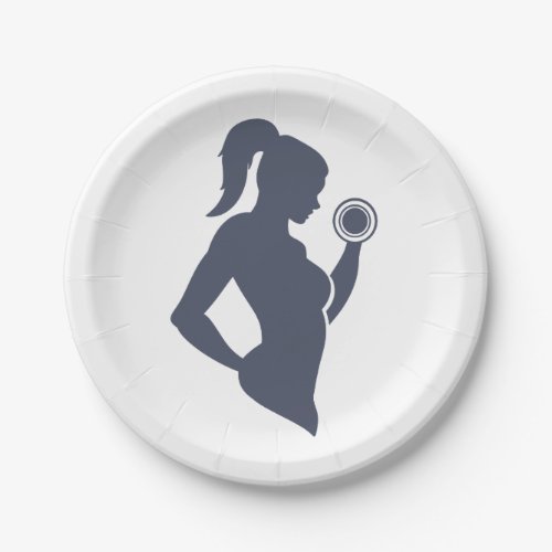 Fitness girl lifting dumbbell paper plates