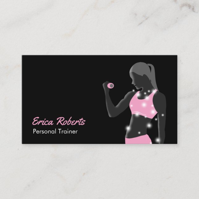 Fitness Girl Personal Trainer Modern Black & Pink Business Card (Front)