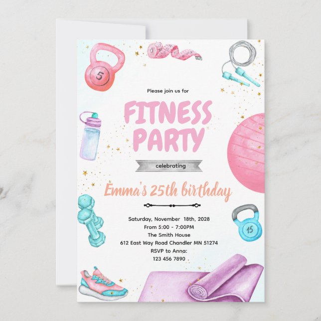 Fitness gymnastic party theme invitation (Front)