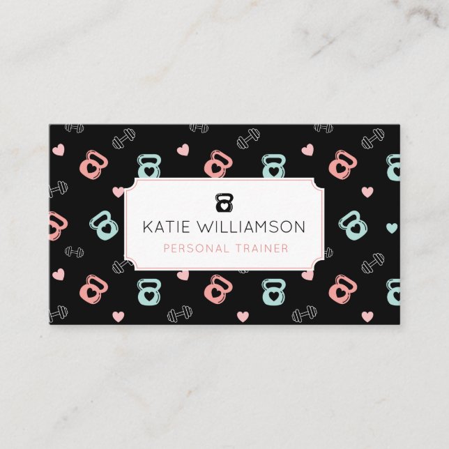 Fitness Kettlebell & Dumbbell Weight Pattern Black Business Card (Front)