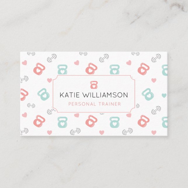 Fitness Kettlebell & Dumbbell Weight Pattern White Business Card (Front)