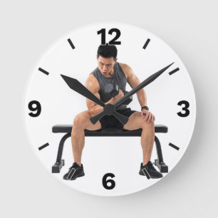 Fitness Man Dumbbell Bicep Curl Workout Round Clock