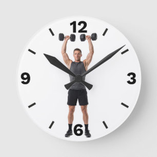 Fitness Man Dumbbell Overhead Press Workout Round Clock