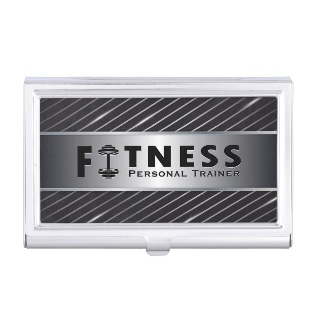 Fitness Personal Trainer Bold Text Dumbbell Logo Business Card Holder (Front)