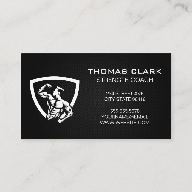 Fitness Strength | Man Flexing Logo Business Card (Front)