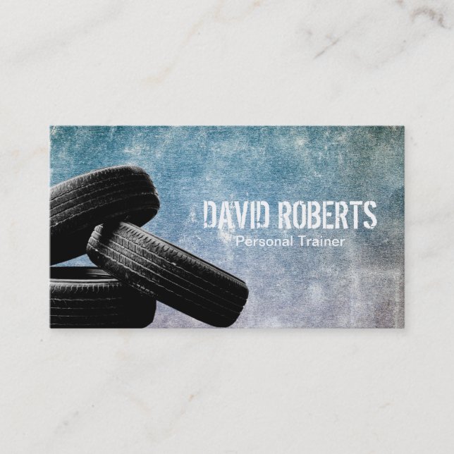 Fitness Tire Training Personal Trainer Grunge Business Card (Front)