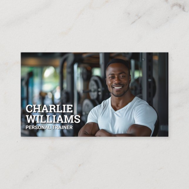 Fitness Train Smiling in Gym Business Card (Front)