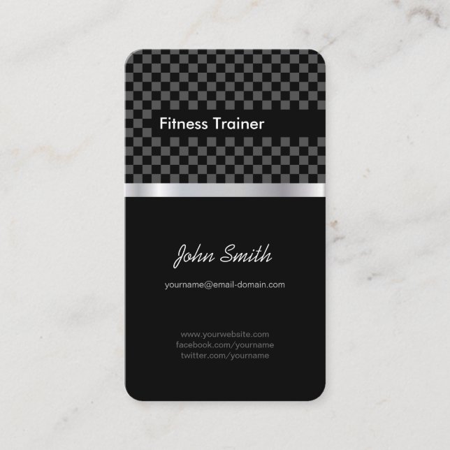 Fitness Trainer - Elegant Black Silver Squares Business Card (Front)