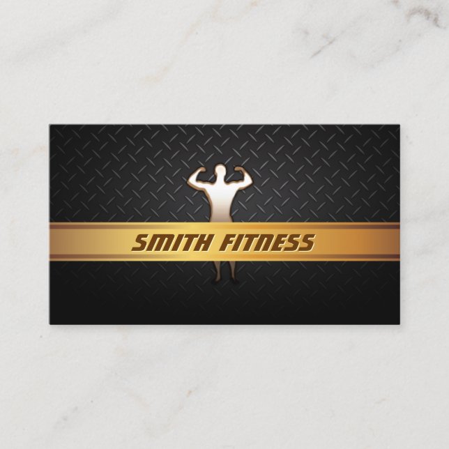 Fitness Trainer Gold Stripe Dark Metal Business Card (Front)