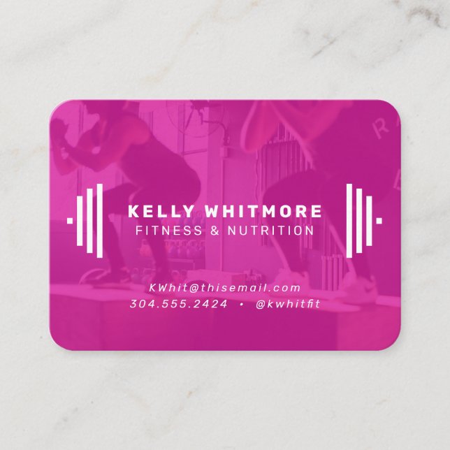 Fitness trainer modern bright pink photo business card (Front)