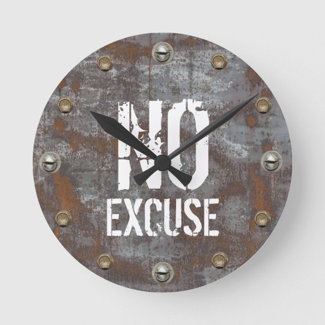 Fitness Trainer No Excuse Rusty Metal Motivational Round Clock (Front)
