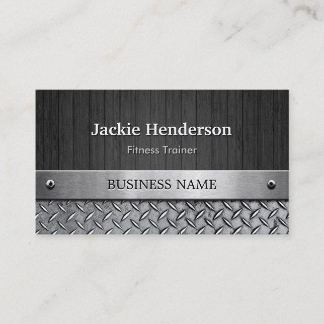 Fitness Trainer - Wood and Metal Look Business Card (Front)