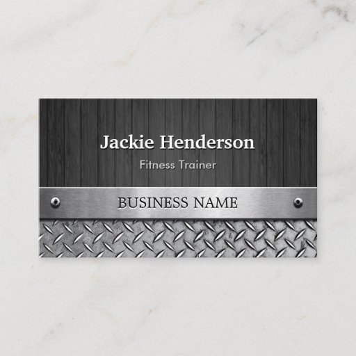 Customizable Fitness Trainer - Wood and Metal Look Business Card