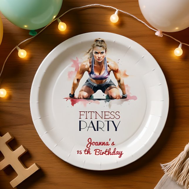 Fitness watercolor sport girl birthday party paper plates (Creator Uploaded)