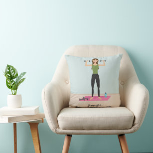Fitness Workout Girl With Dumbbells & Custom Name Throw Pillow