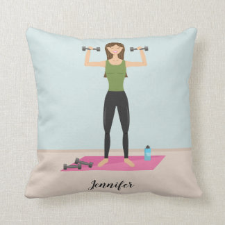 Fitness Workout Girl With Dumbbells &amp; Custom Name Throw Pillow