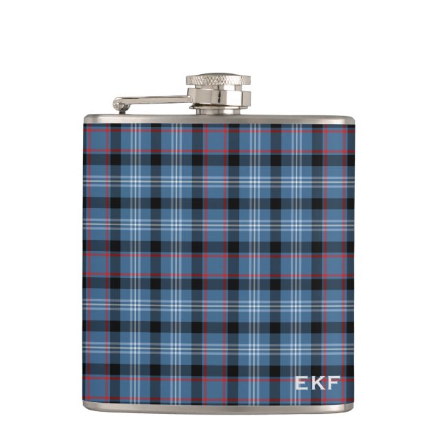 Fitzgerald Tartan Monogram Blue and Black Plaid Flask (Front)