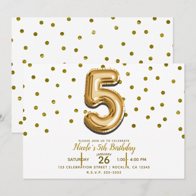 FIVE 5 5th Gold Balloon & Confetti Birthday Party Invitation (Front/Back)