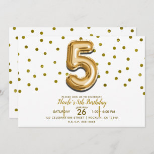 FIVE 5 5th Gold Balloon & Confetti Birthday Party Invitation