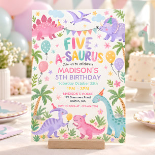 Five A Saurus Pastel Dinosaur 5th Birthday Invitation