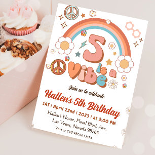 Five a Vibe Groovy Retro Rainbow 5th Birthday Invitation