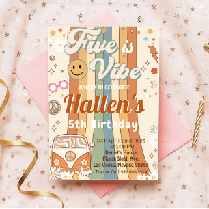 Five a Vibe Groovy Retro Rainbow 5th Birthday Invitation