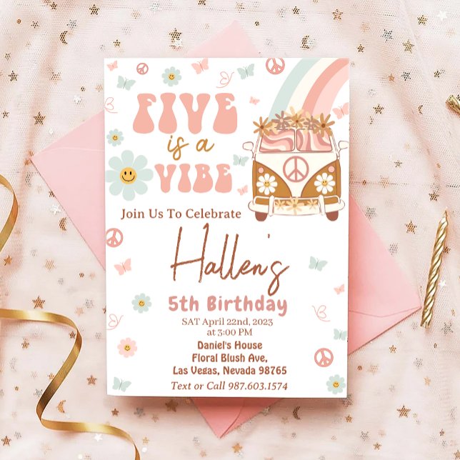 Five a Vibe Groovy Retro Rainbow 5th Birthday Invitation (Creator Uploaded)