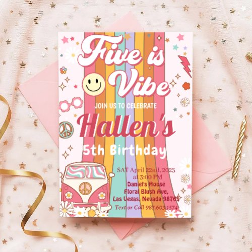 Five a Vibe Groovy Retro Rainbow 5th Birthday  Invitation