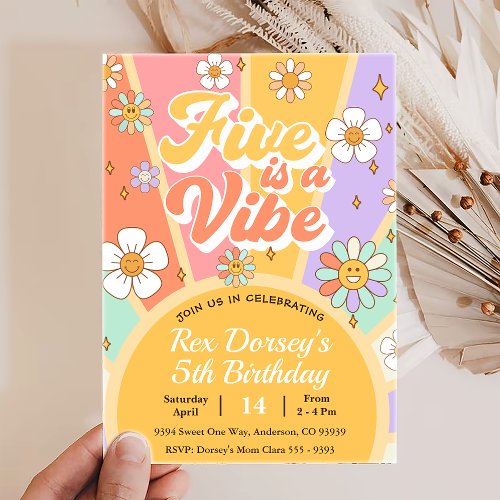 Five a Vibe Groovy Retro Rainbow 5th Birthday Invitation