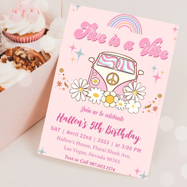 Five a Vibe Groovy Retro Rainbow 5th Birthday Invitation (Creator Uploaded)