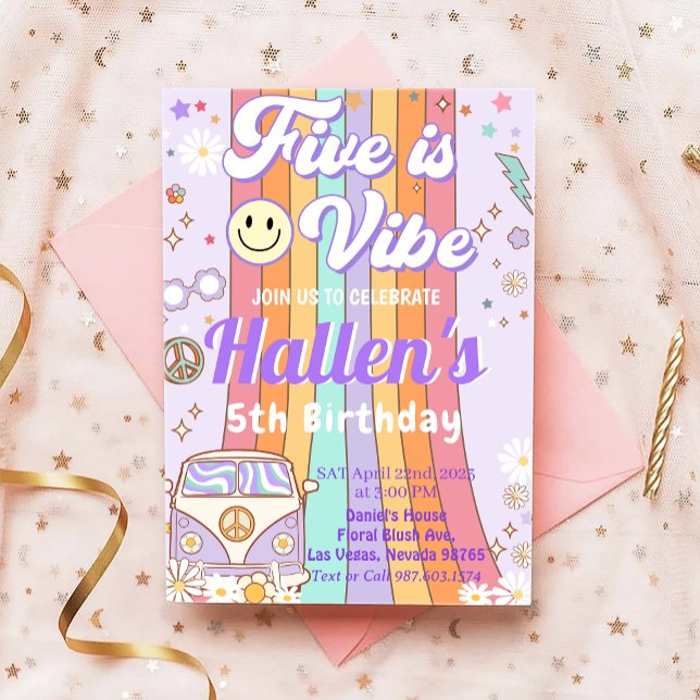 Five a Vibe Groovy Retro Rainbow 5th Birthday Invitation (Creator Uploaded)