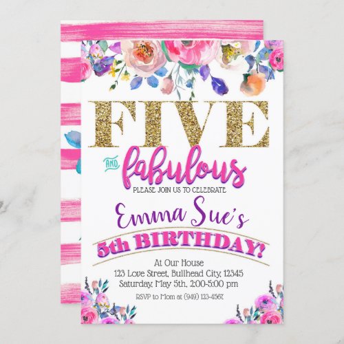 Five and Fabulous Girls Floral 5th Birthday Invitation