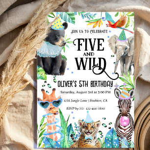 Five and Wild Leopard Safari Animals 5th Birthday Invitation
