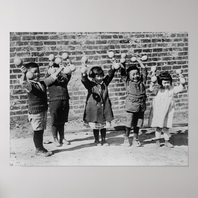 Five Asian Children holding up Barbells Poster (Front)