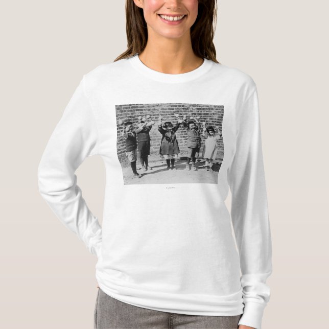 Five Asian Children holding up Barbells T-Shirt (Front)
