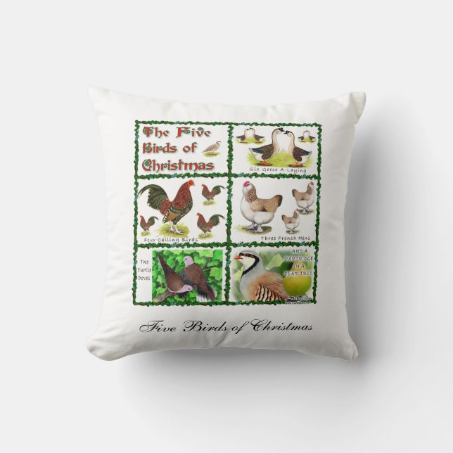 Five Birds of Christmas Throw Pillow (Front)