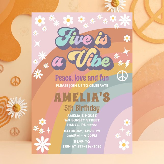Five Birthday Invitation | Groovy Girl Party Card (Creator Uploaded)