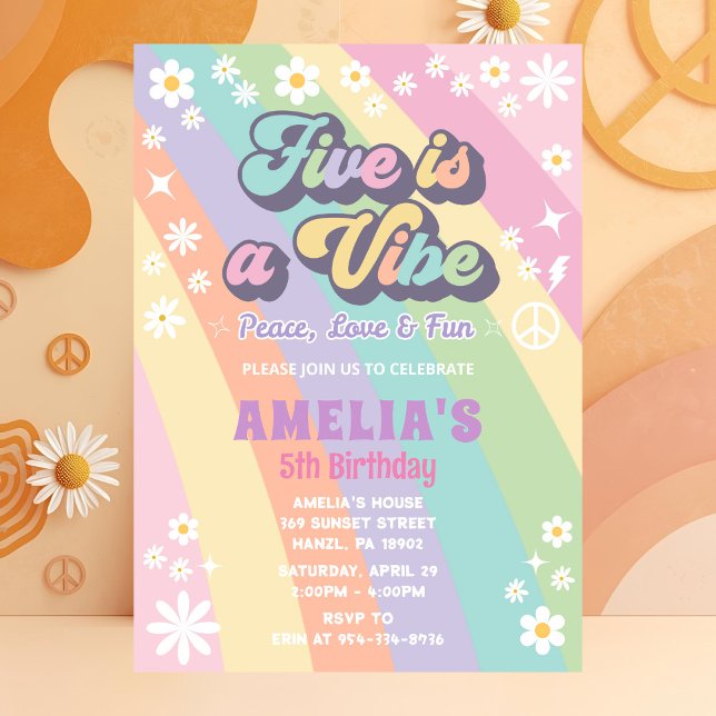 Five Birthday Invite | Groovy Girl Party Card (Creator Uploaded)