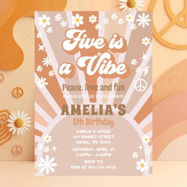 Five Birthday Invite | Groovy Girl Party | Card (Creator Uploaded)