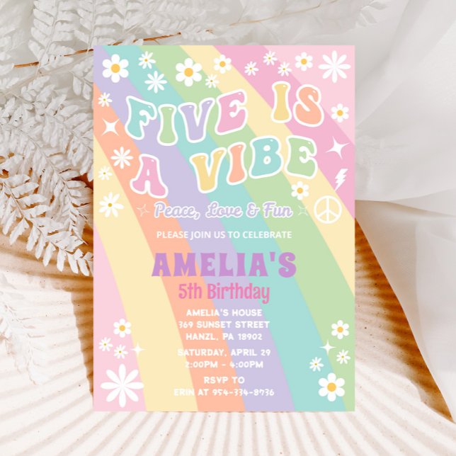 Five Birthday Invite | Groovy Girl Party Card (Creator Uploaded)