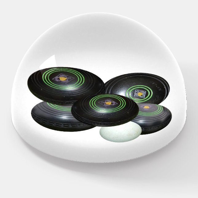 Five Black Lawn Bowls And Jack, Paperweight (Angled)