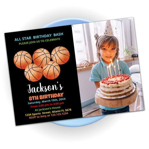 Five Black Orange Basketball Birthday Photo Invitation