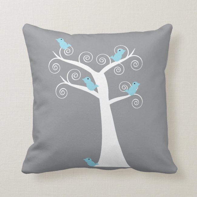 Five Blue Birds in a Tree Pillows Grey
