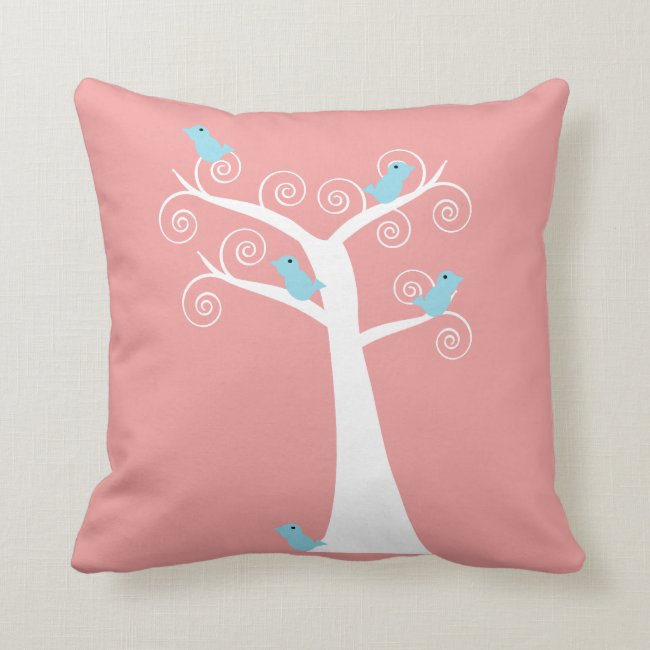 Five Blue Birds in a Tree Pillows Pink