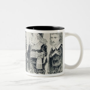Five caricatures of the cast of a French Two-Tone Coffee Mug