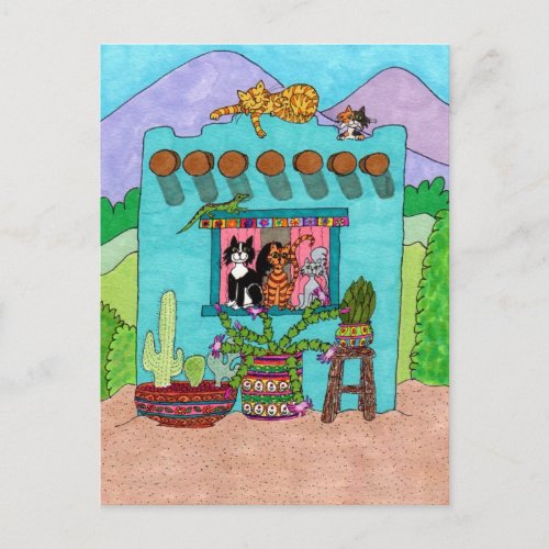 Five Cats at an Aqua Adobe House Postcard