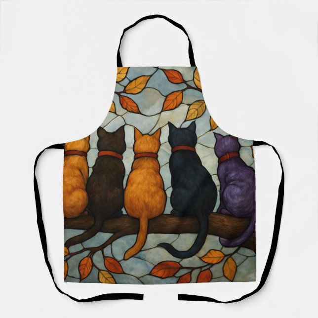 Five Cats on a Tree Branch Stained Glass Style Apron (Front)